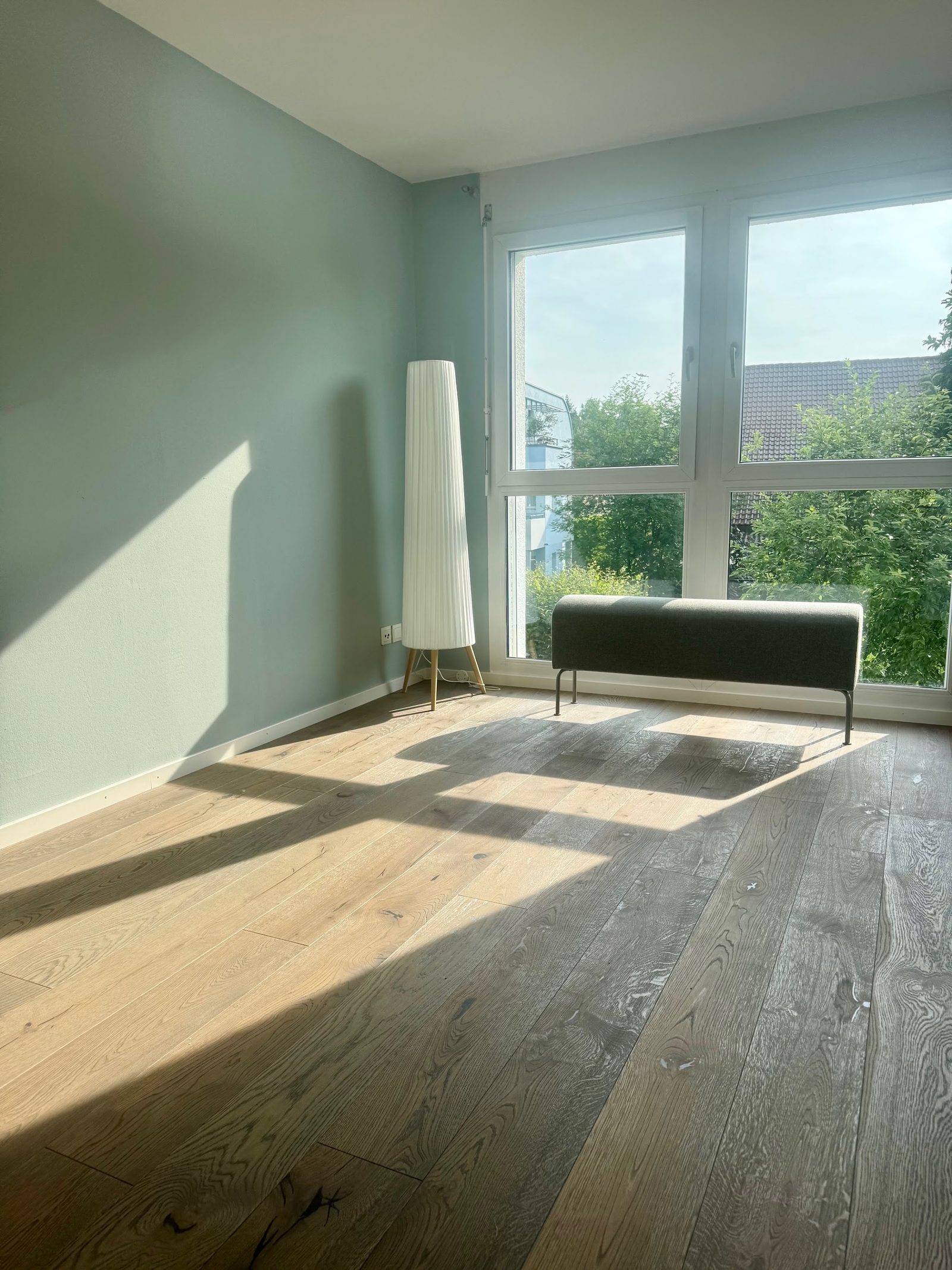 Dunkle Eichenmit hellem Licht aus einer grossen Fensterfront und passender Wandfarbe